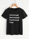 Unicorn mermaids rainbows pizza printed tshirt