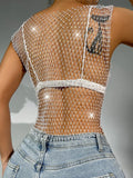 Rhinestone detail fishnet mesh top