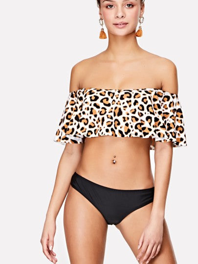 Leopard off the shoulder 2 piece swimsuit set