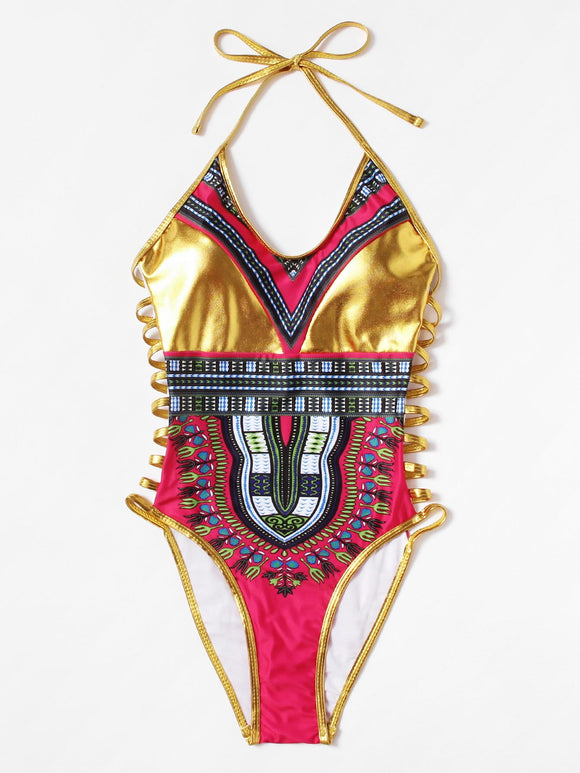 Gold cutout side African tribal monokini swimsuit