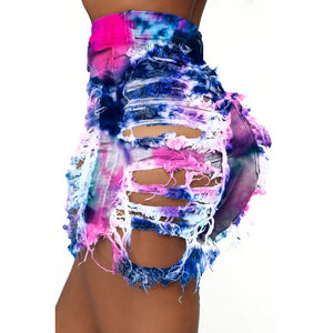 “Feisty” Distressed cutout tie dye shorts