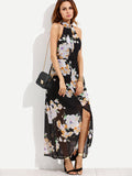 “Petunia” Ladies Floral halter split maxi dress