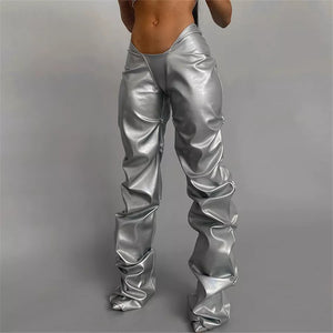 Low rise waist metallic ruched ruffle pants