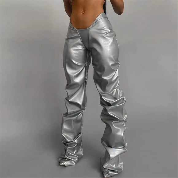 Low rise waist metallic ruched ruffle pants