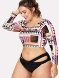 PLUS DOLL Aztec cutout design long sleeve plus size 2 piece swimsuit
