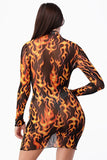 Flame fire bodycon mesh dress