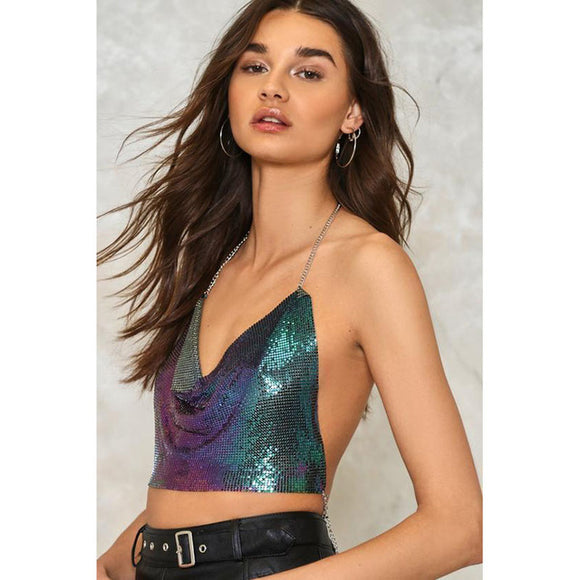 Sequins drape detail halter backless bodychain top