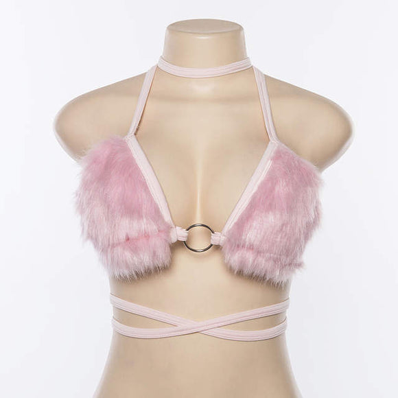 Barbie pink fur strappy bralette crop top