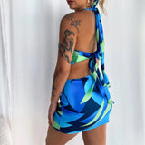 Ladies color swirl cutout buckle design mini dress