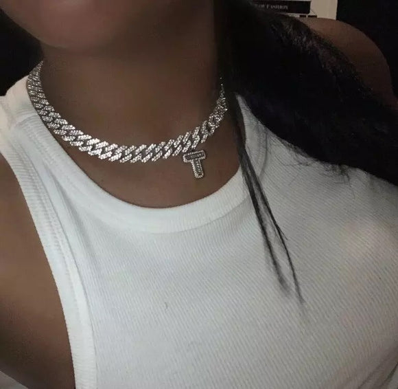 Luxury hip hop celeb bling diamond rhinestone  name initial choker necklace
