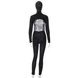 “Rider” glitter detail face cover bodysuit backless jumpsuit