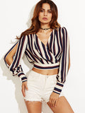 Stripe accent split sleeve crop shirt