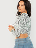 3d Money printed long sleeve mock neck crop top