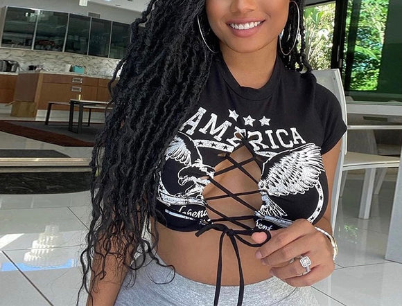 Distressed lace up front crop top