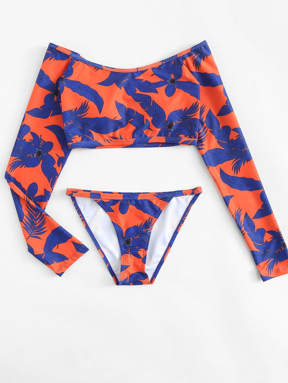 Long sleeve tropical 2 piece bikini swimsuit