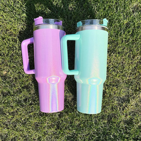 40oz Reflective iridescent insulated tumbler with handle