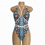 Wrap up strappy animal print monokini 1 piece swimsuit
