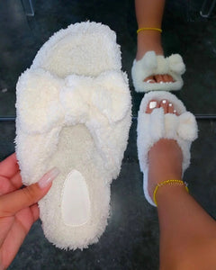 Ladies bow fluffy comfy home bedroom causal slippers slides