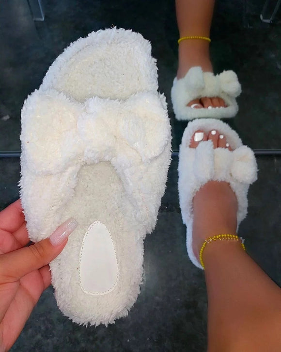 Ladies bow fluffy comfy home bedroom causal slippers slides
