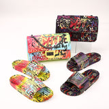 Ladies retro graffiti print slides slippers  and handbag set