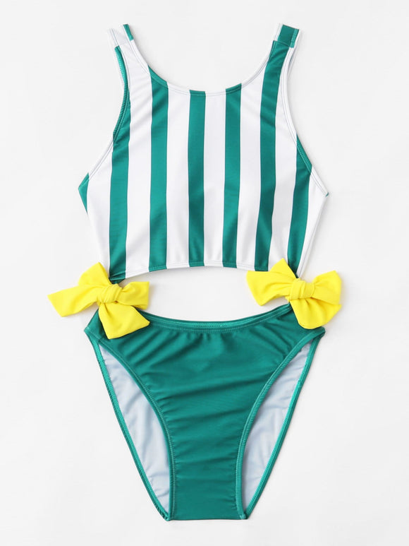 Bow cutout stripe one piece monokini swimsuit