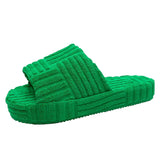 Retro Classic stripe soft comfy fuzzy slides wedge thick sole slippers