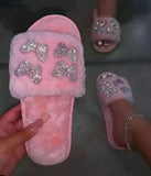 Butterfly rhinestone detail fuzzy fluffy slides slippers
