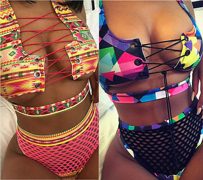 Tribal lace up detail 2 piece fishnet bikini