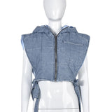 Denim detail open side tie bubble crop hoodie jacket