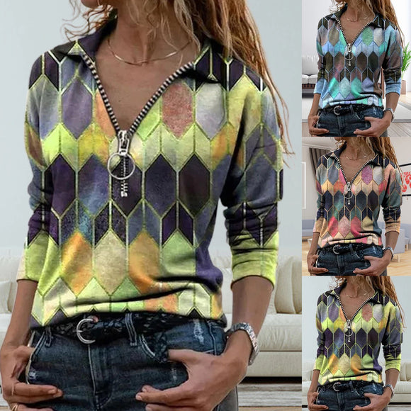 Women zipper front geometric style blouse