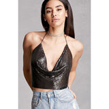 Sequins drape detail halter backless bodychain top