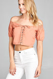 Ladies fashion short sleeve off the shoulder front eyelet w/string crop top