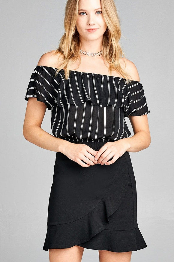 Ladies fashion off the shoulder w/ruffle elastic hem stripe print crop woven top