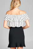 Ladies fashion off the shoulder w/ruffle elastic hem stripe print crop woven top