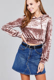 Ladies fashion long sleeve hoodie w/drawstring ice velvet crop top