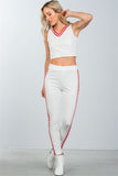 Ladies fashion  faux pearl accent crop top with pants set