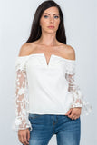 Ladies fashion v-wire off the shoulder floral applique top