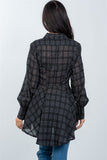 Ladies fashion black graph check print hi-low plume boho tunic shirt