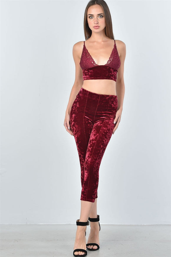 Ladies fashion velvet lace crop top and calf-length pants two piece set