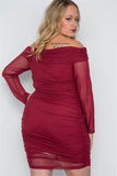 Plus Size Burgundy Off-the-shoulder Mash Mini Dress