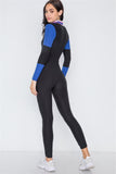 Blue Black Color Block Long Sleeve Zip-up Jumpsuit