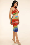 Rainbow Stripe Halter Top & Side Cutout Midi Skirt