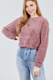 Long Dolman Sleeve Round Neck Toggle Elastic Hem Faux Fur Top