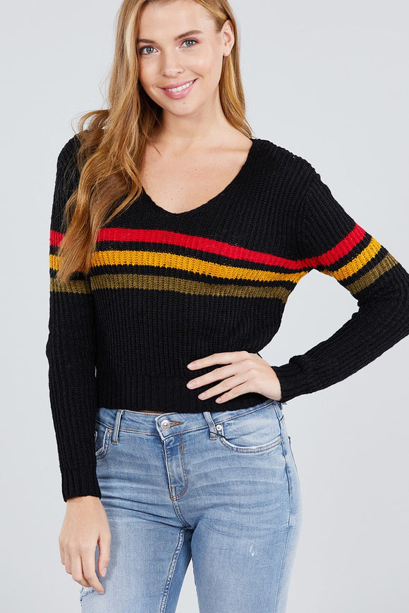 Long Sleeve V-neck Multi Stripe Crop Sweater