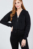 Long Sleeve Zip Up Hoodie Inner Fleece Toggle Elastic Hem Crop Top