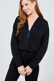 Long Sleeve Zip Up Hoodie Inner Fleece Toggle Elastic Hem Crop Top