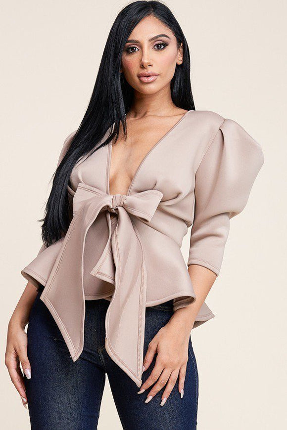 Solid Super Techno Peplum Top With Tie Front