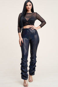 3/4 Sleeve Power Mesh Top And Holographic Stacked Pants