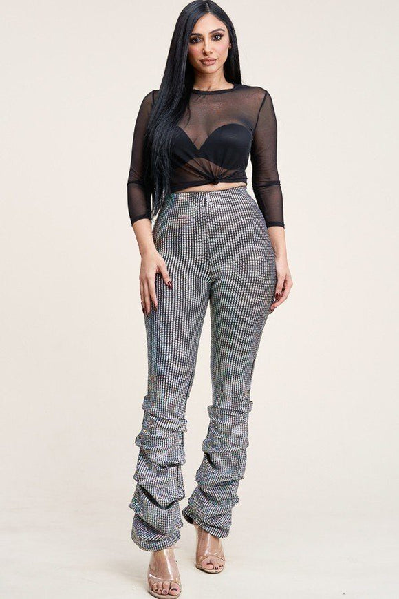 3/4 Sleeve Power Mesh Top And Holographic Stacked Pants