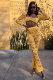 Sheer Floral Lace Crop Square Neck Top & High Waist Flare Pant Set